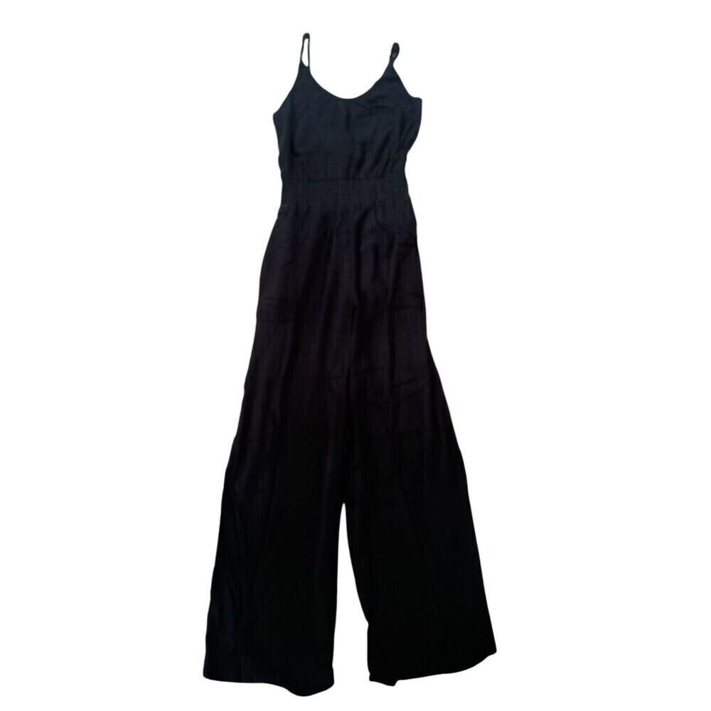 prAna Fernie Jumpsuit Womens Medium Black Smocked Waist Crinkle Relaxed Wide Leg - Picture 9 of 12